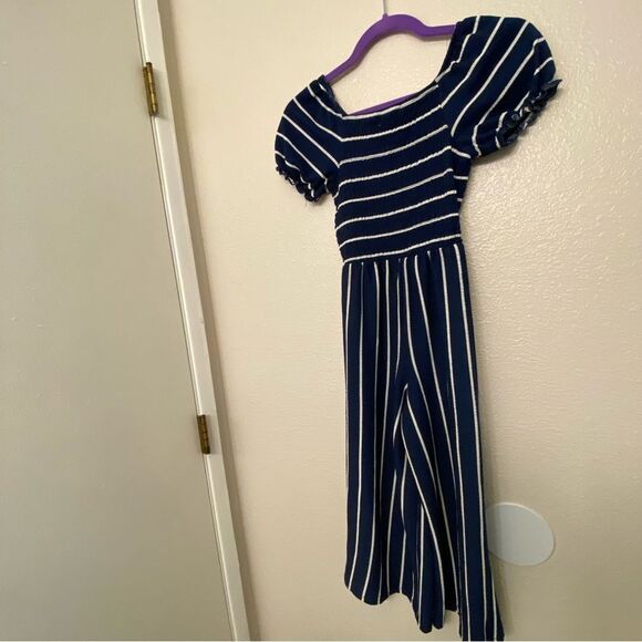 Navy blue puff sleeve wide leg smocked Striped stretchy Jumpsuit Romper 10-12 - Picture 2 of 8